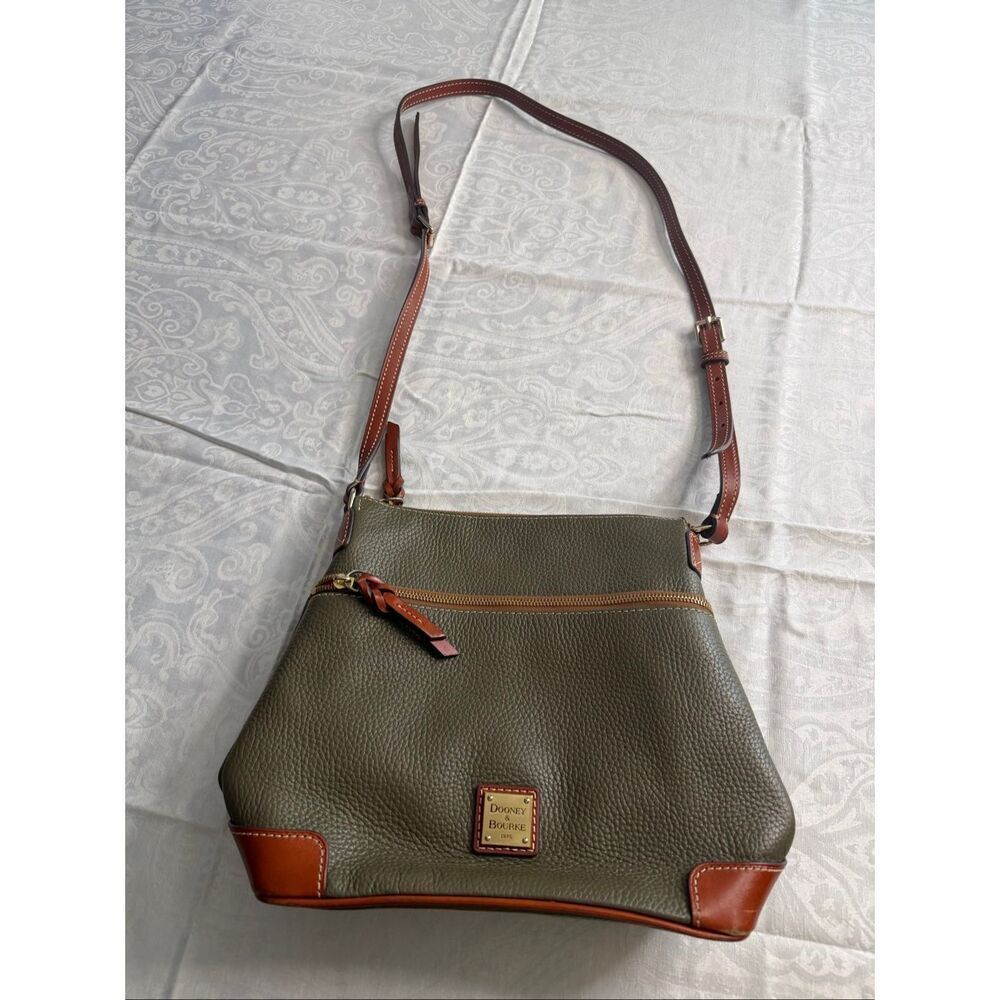 Dooney & Bourke Pebbled Leather Crossbody Bag Olive Green Brown Trim
